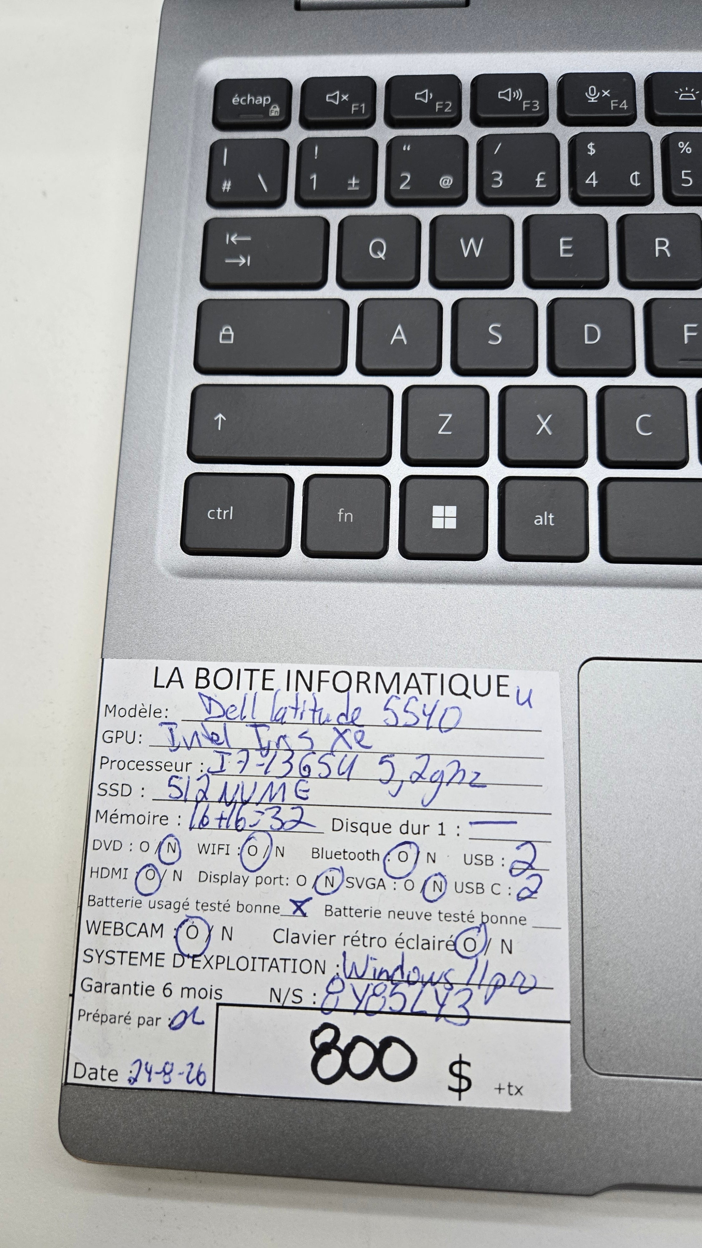 Étiquette specs Dell Latitude 5540