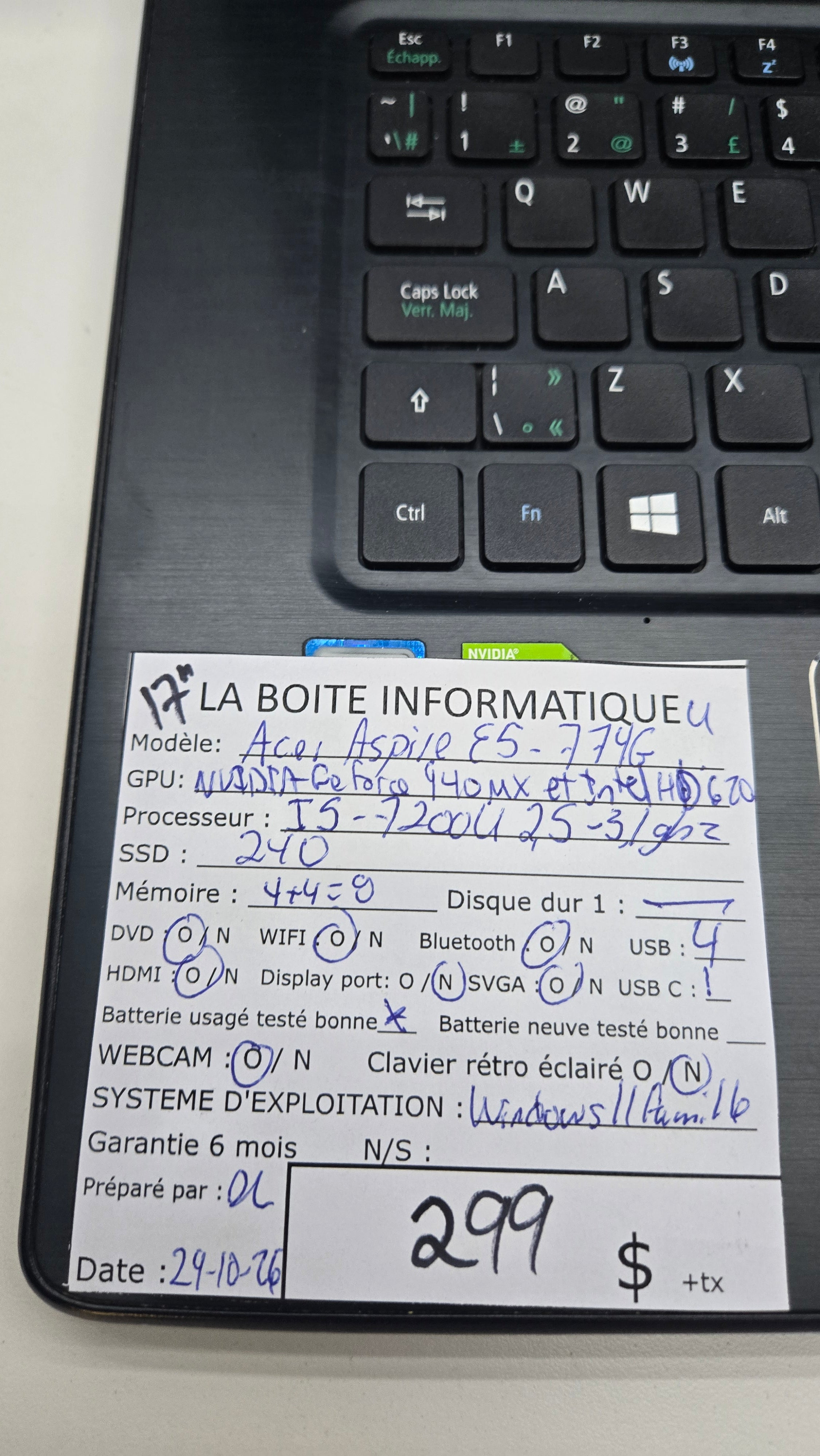 Acer Aspire E5-774G étiquette