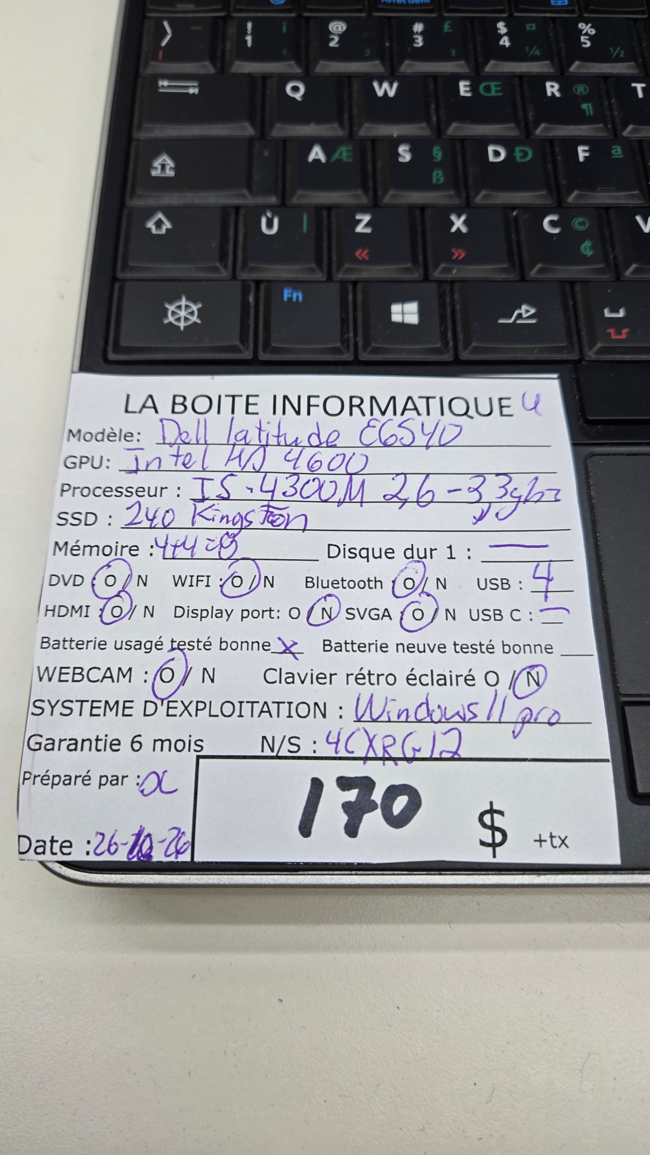 Étiquette Dell Latitude E6540 i5-4300M 8Go 240Go — La Boite Informatique