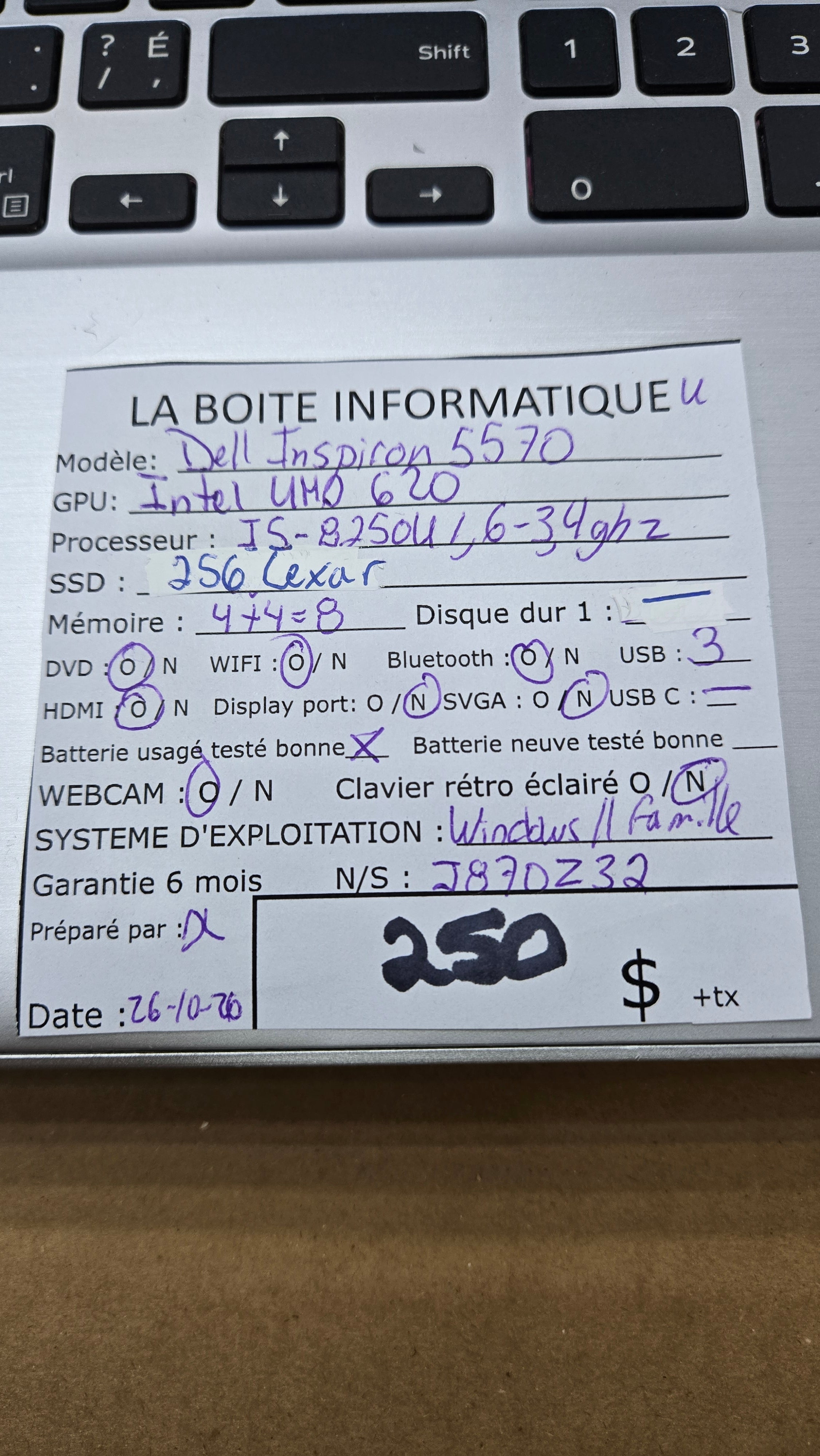 Étiquette specs Dell Inspiron 5570