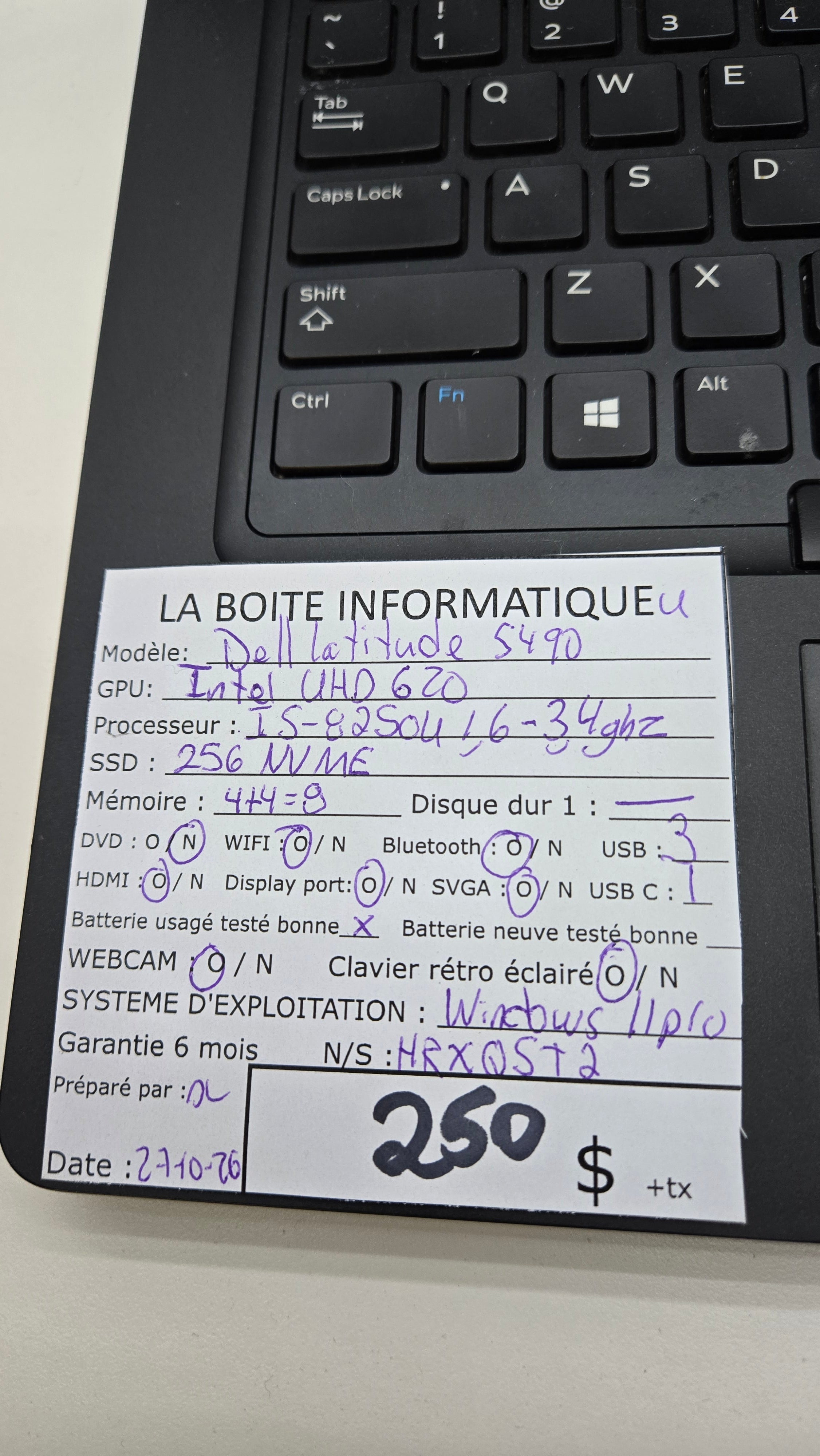 Étiquette specs Dell Latitude 5490