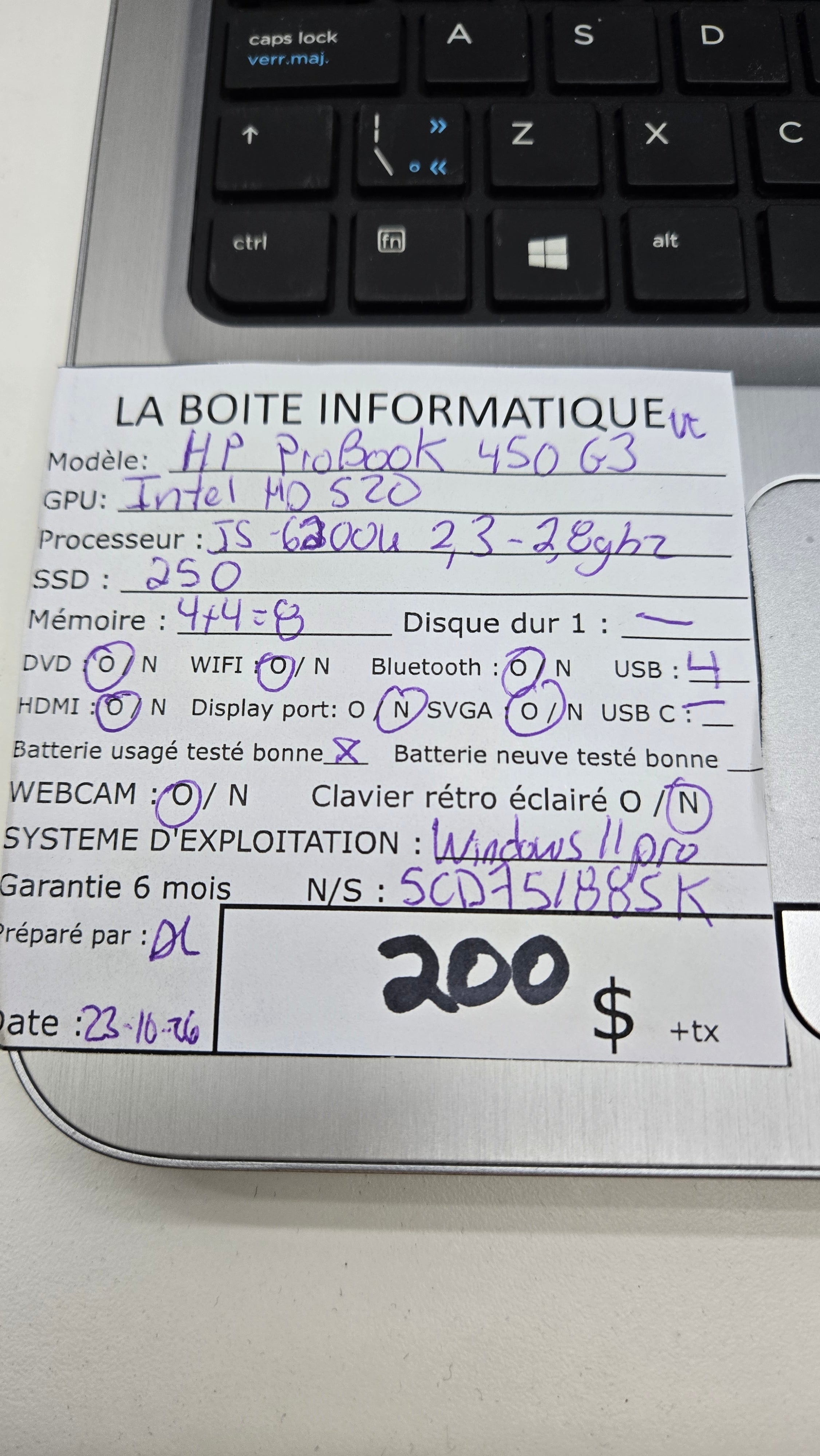 Étiquette HP ProBook 450 G3 i5-6200U 8Go 250Go — La Boite Informatique