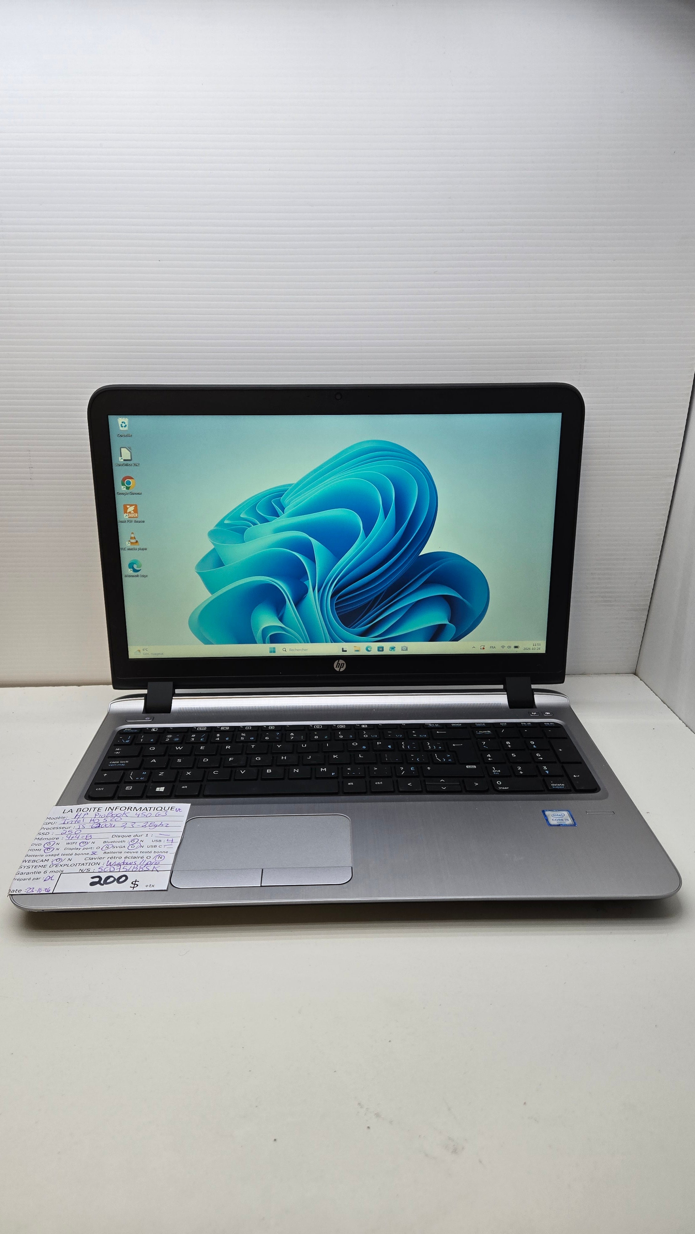 HP ProBook 450 G3 i5-6200U 8Go — ouvert avec étiquette