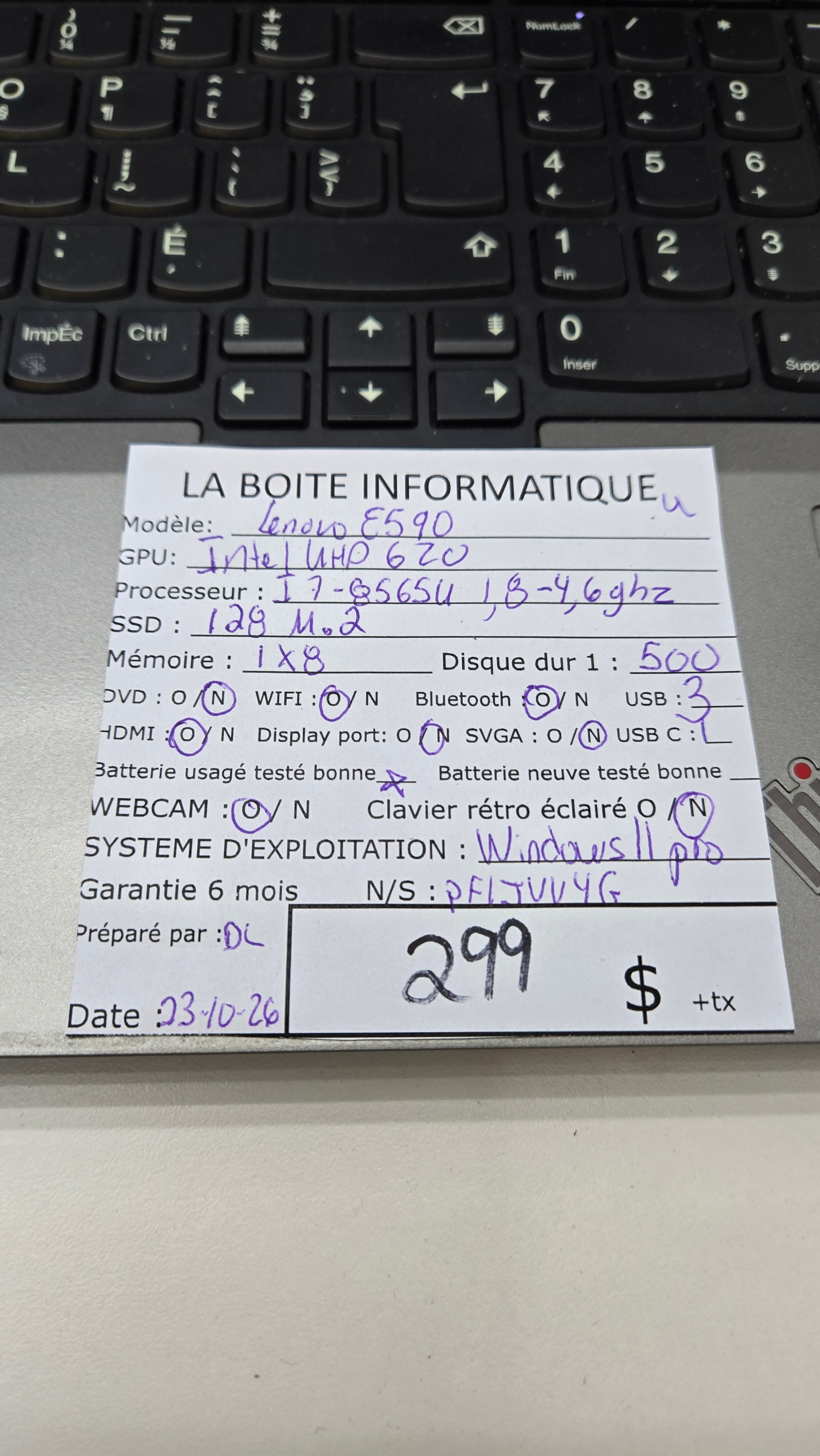 Étiquette specs Lenovo ThinkPad E590
