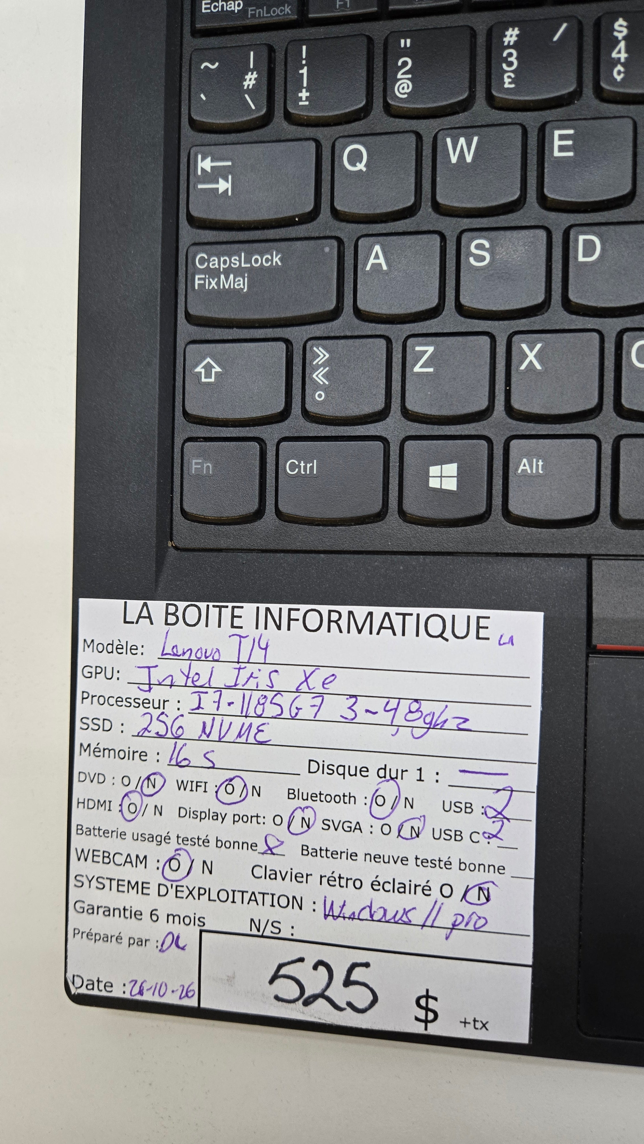 Étiquette specs Lenovo ThinkPad T14
