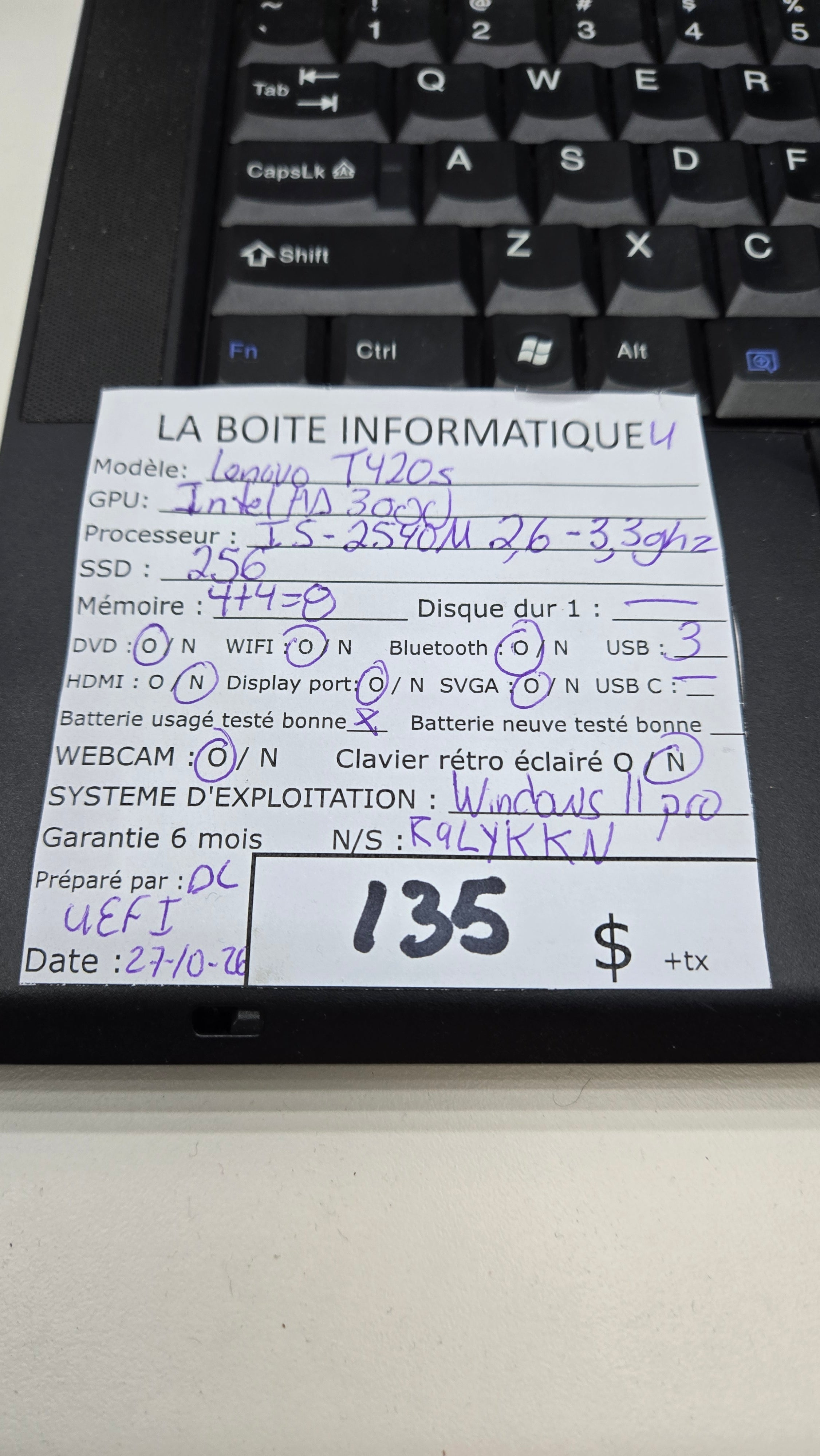 Étiquette specs Lenovo ThinkPad T420s