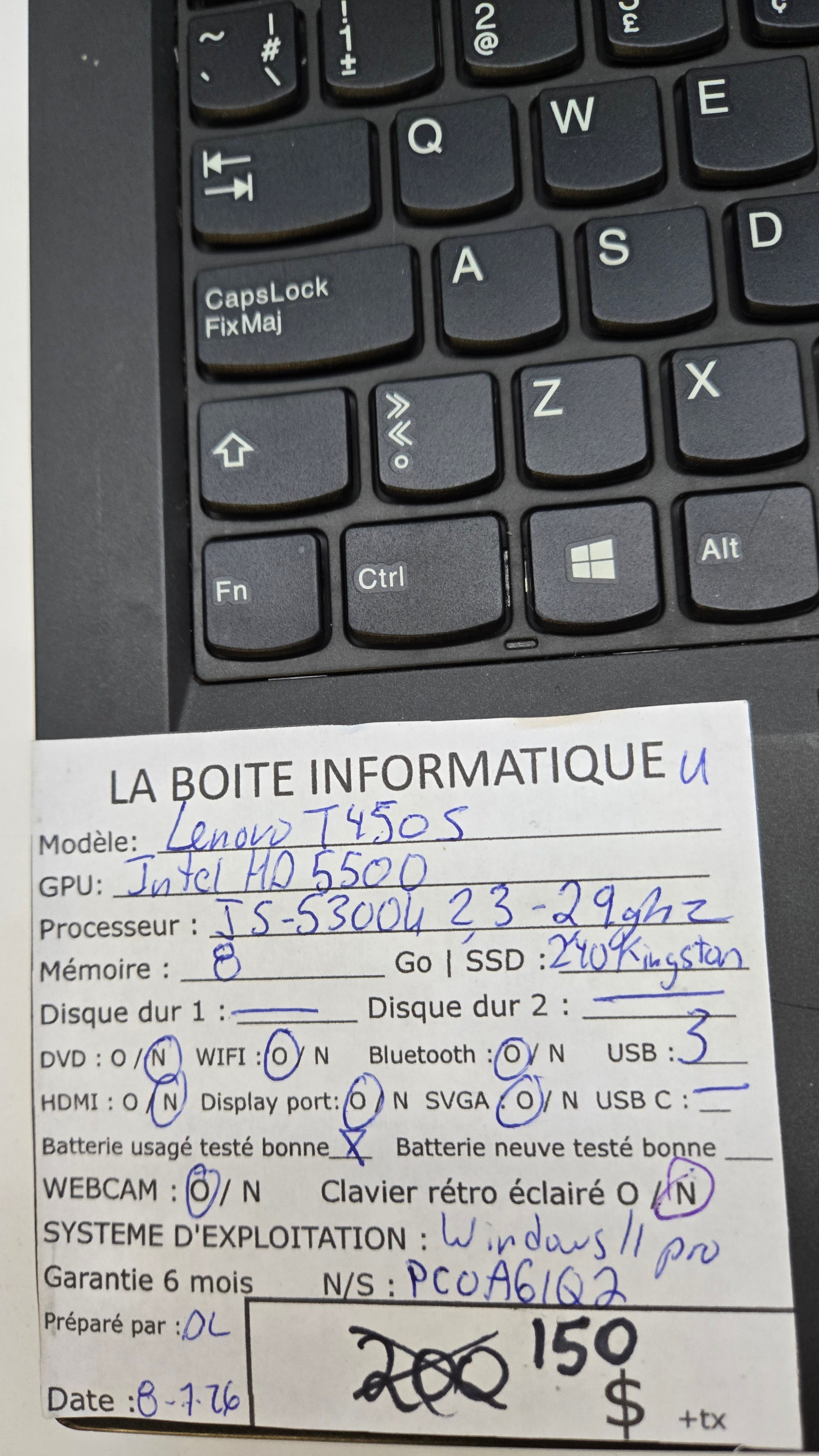 Étiquette specs Lenovo ThinkPad T450s