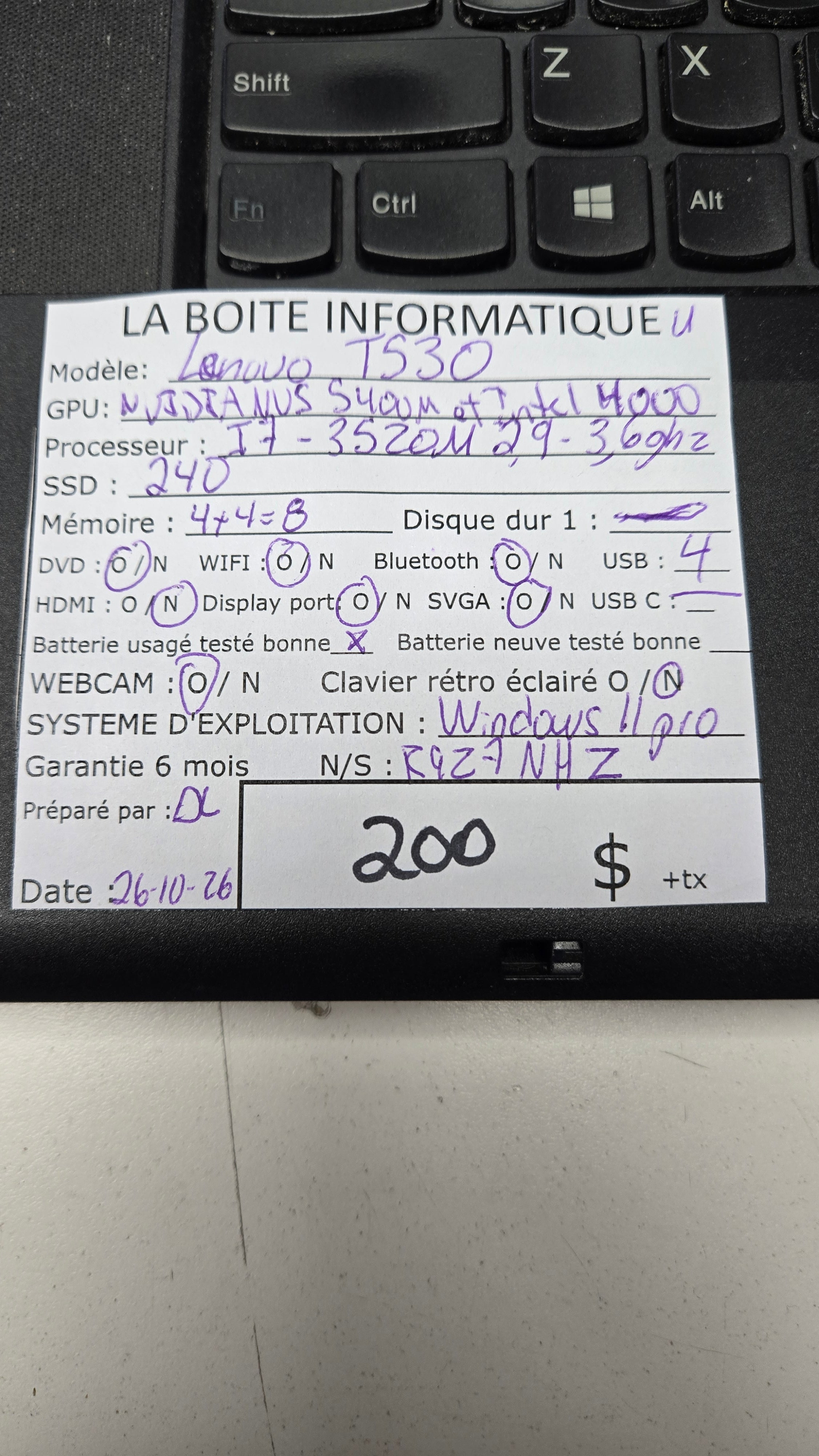 Étiquette specs Lenovo ThinkPad T530