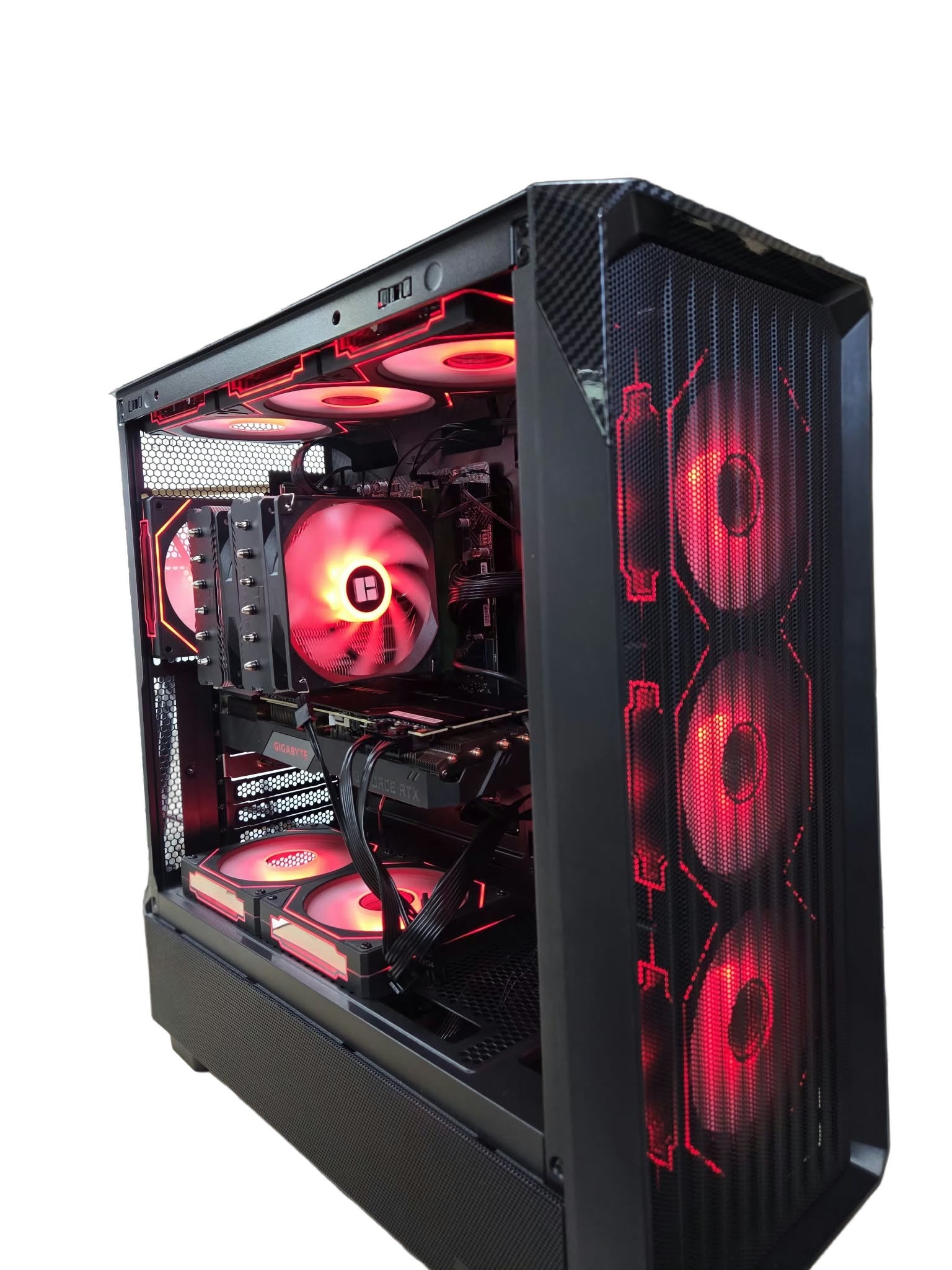 PC gaming i5-12400F RTX 2070 SUPER — éclairage rouge, fond blanc